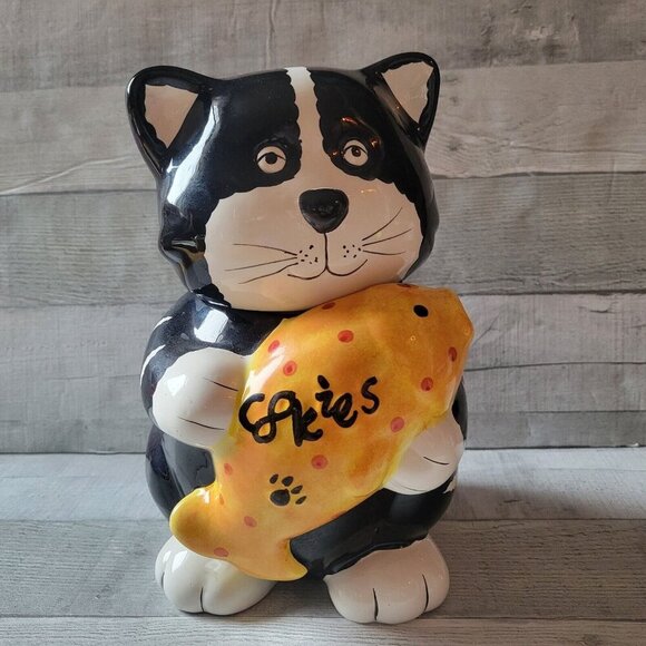 Vintage Black & White Cat w/ Fish Cookie Jar By GKRO 10.5"